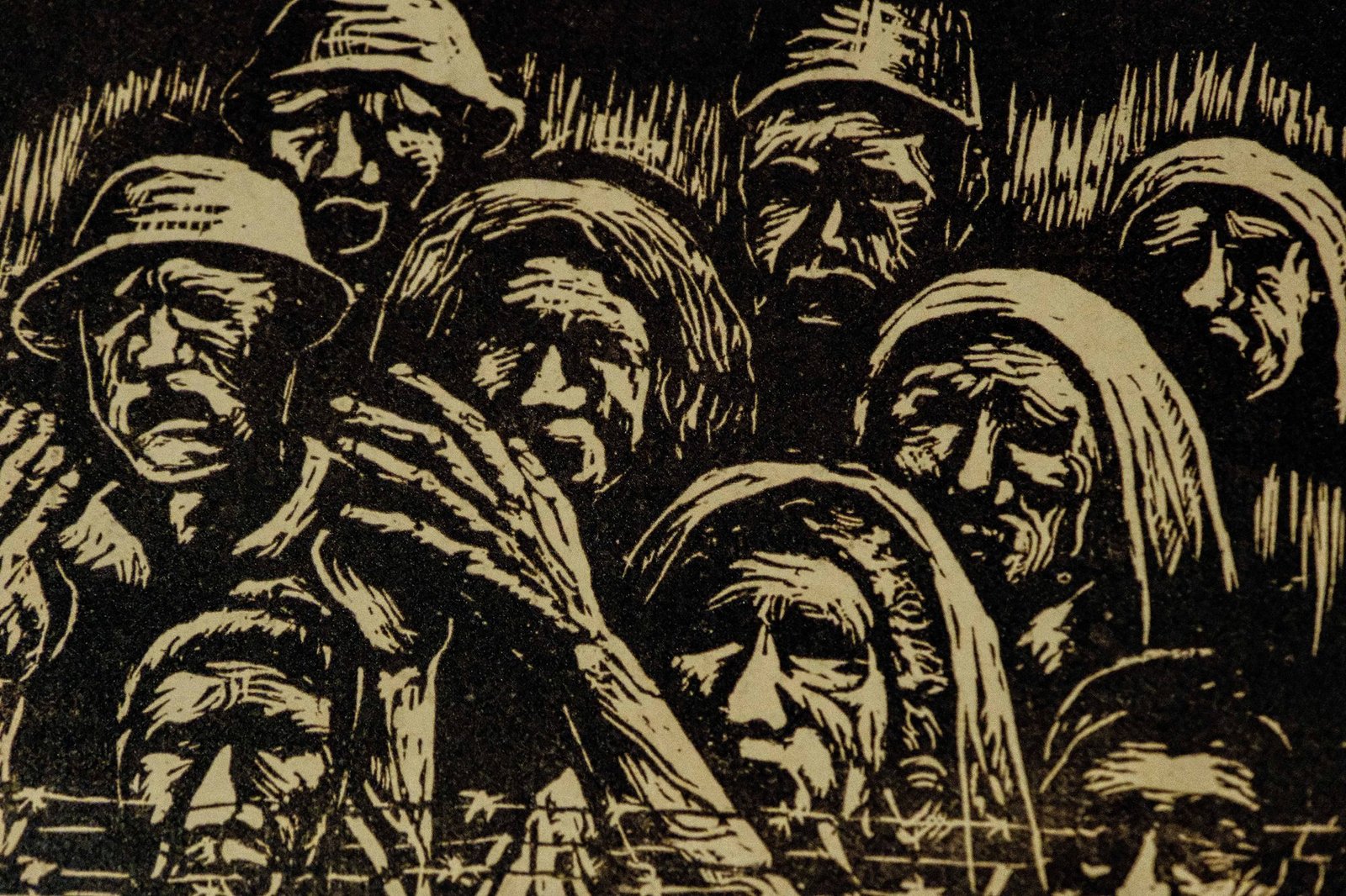 Wood block print artwork depicting a group of solemn figures