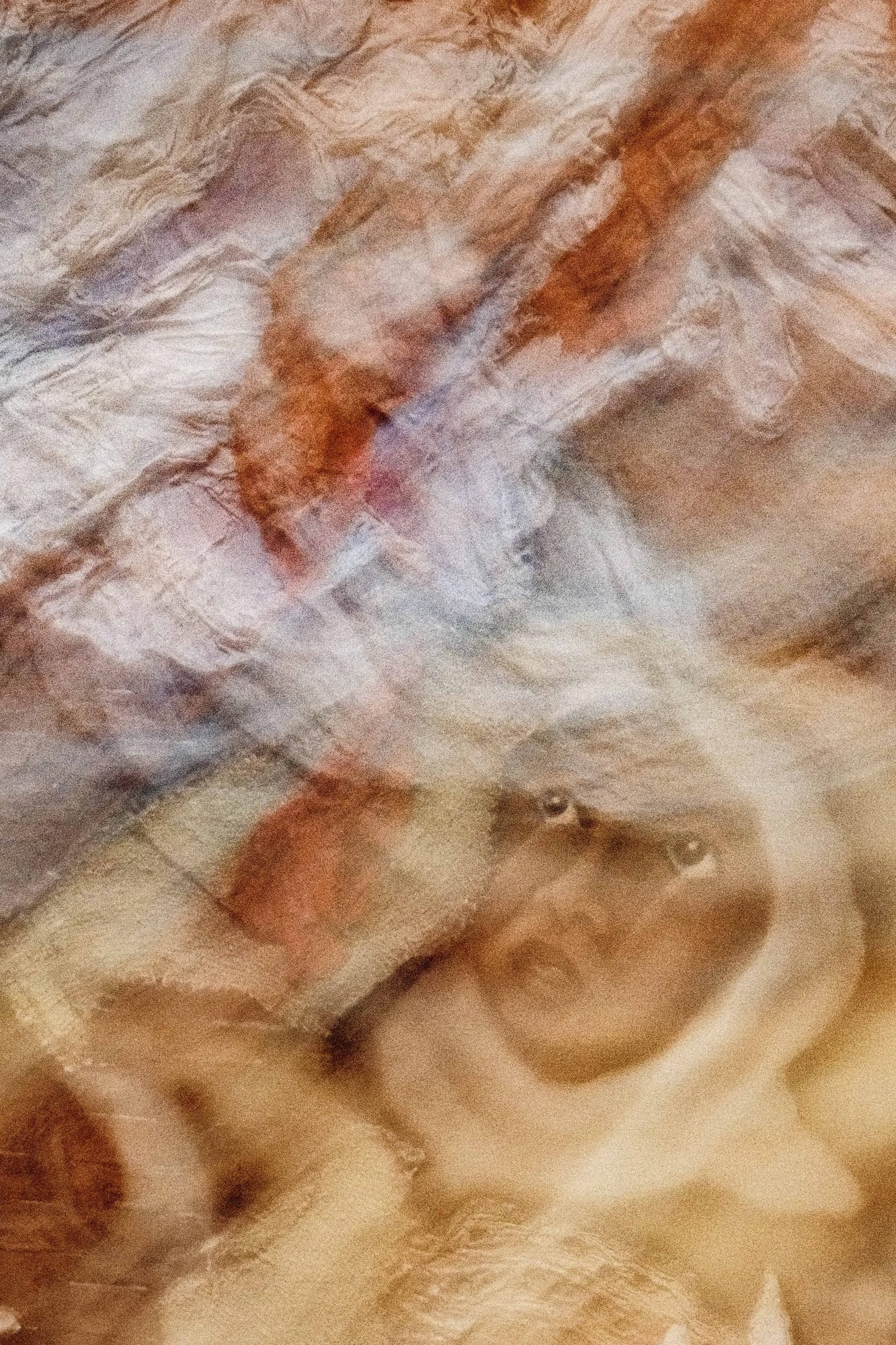 Mixed media artwork with expressive red brushstrokes
